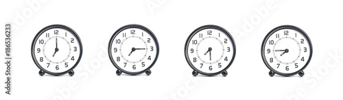 Closeup group of black and white clock for decoration show the time in 7 , 7:15 , 7:30 , 7:45 a.m. isolated on white background