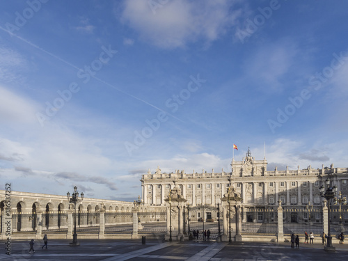 Tourists at The entrance of the Royal palace. Madrid, Spain.