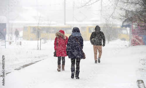 Snow storm in the sity. Selective focus.