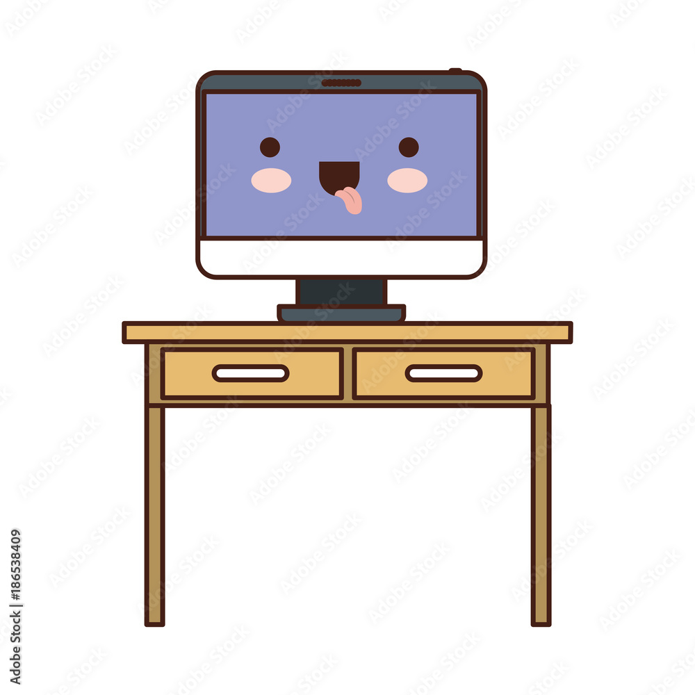 desk table with drawers and kawaii desktop computer above in colorful silhouette desk table with drawers and kawaii desktop computer above in colorful silhouette