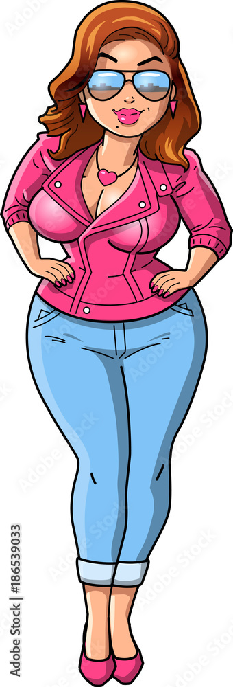 Sexy curvy BBW woman cartoon Pink Leather Jacket clipart Stock Illustration  | Adobe Stock