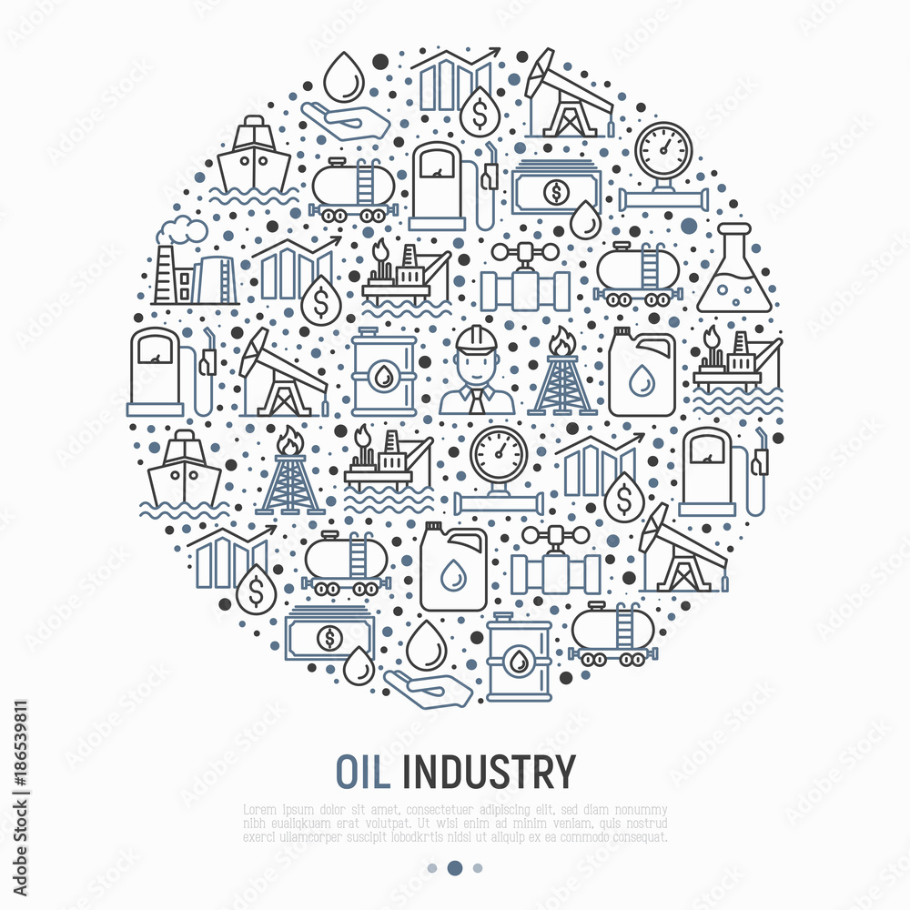 Oil industry concept in circle with thin line icons: gas, petroleum, diesel, truck, tanker, ship, refinery, barrel. Modern vector illustration, web page template. Oil industry concept in circle with thin line icons: gas, petroleum, diesel, truck, tanker, ship, refinery, barrel. Modern vector illustration, web page template.
