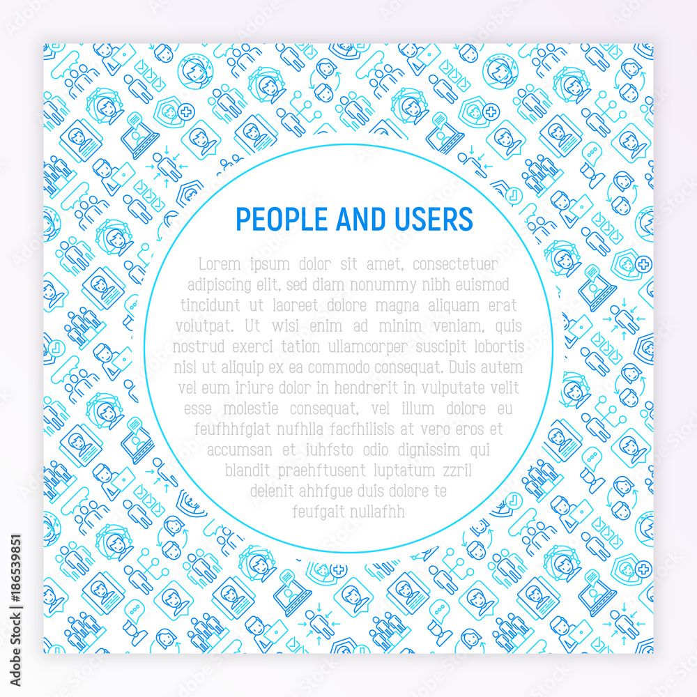 People and users concept with thin line icons: management, communication, human resouses, teamwork, candidate. Modern vector illustration, web page template. People and users concept with thin line icons: management, communication, human resouses, teamwork, candidate. Modern vector illustration, web page template.
