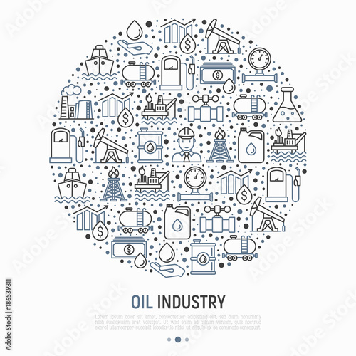 Oil industry concept in circle with thin line icons: gas, petroleum, diesel,  truck, tanker, ship, refinery, barrel. Modern vector illustration, web page template.