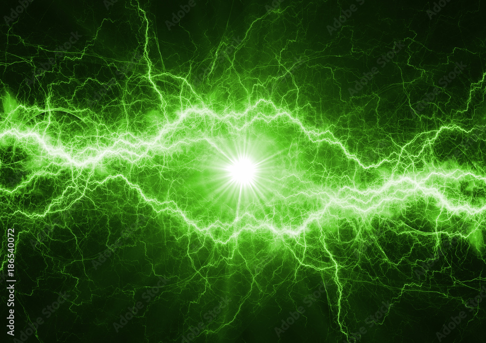 Naklejka premium Zielona moc błyskawicy, plazmy i tło energii elektrycznej