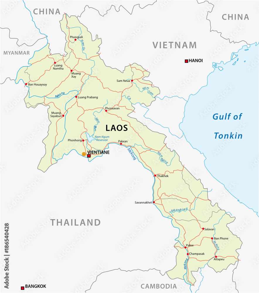 Road vector map of Lao People`s Democratic Republic