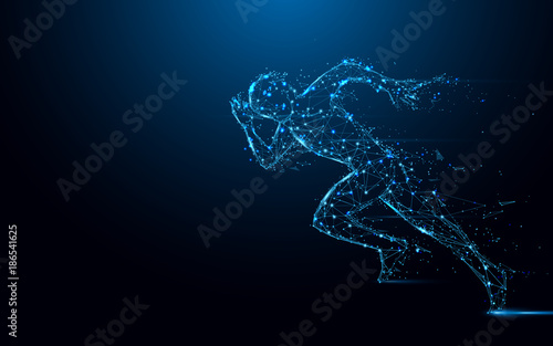 Abstract running man form lines and triangles, point connecting network on blue background. Illustration vector photo
