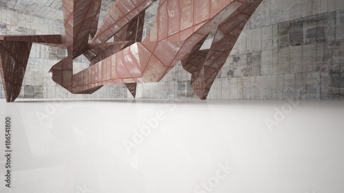 Empty abstract room interior of sheets rusted metal and beige concrete. Architectural background. 3D illustration and rendering