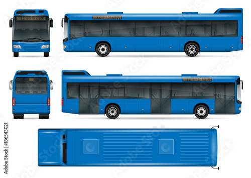 Blue bus vector mock-up for advertising, corporate identity. Isolated city transport template on white. Vehicle branding mockup. All layers and groups well organized for easy editing and recolor.