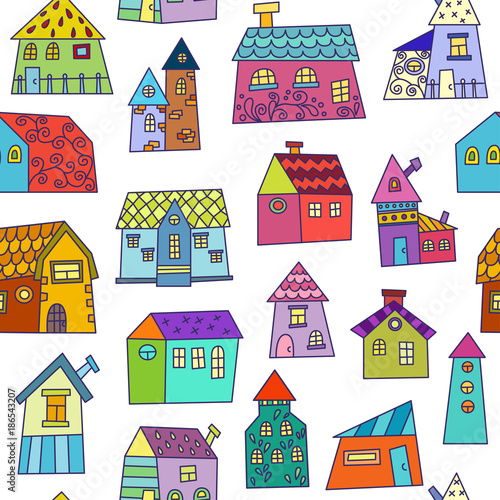 Doodle hand drawn town seamless pattern. Vector illustration for your cute design.