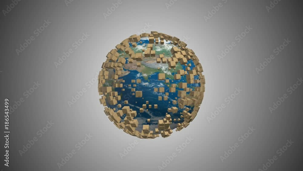 boxes of delivery on the surface of a rotating planet earth. high density. seamless loop. boxes of delivery on the surface of a rotating planet earth. high density. seamless loop.