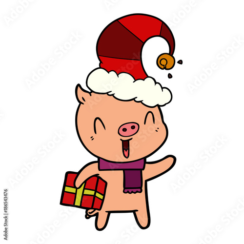 happy cartoon pig with xmas present
