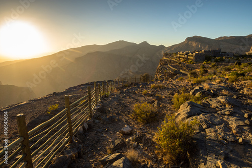 Sunset Oman Mountains at Jabal Akhdar in Al Hajar Mountains photo