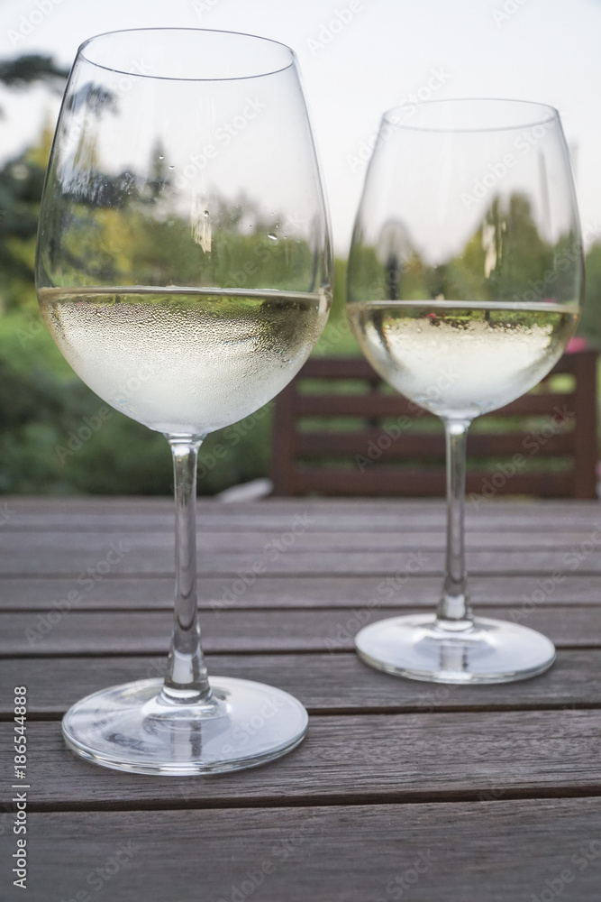 Fototapeta premium white wine glasses on wooden table at garden