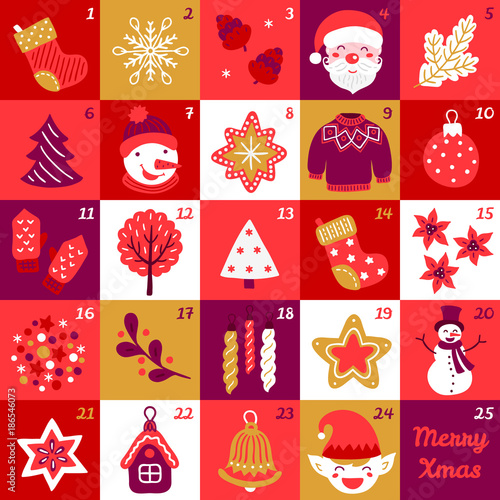 Christmas advent calendar with snowflakes, fir tree, star, sweater, elf