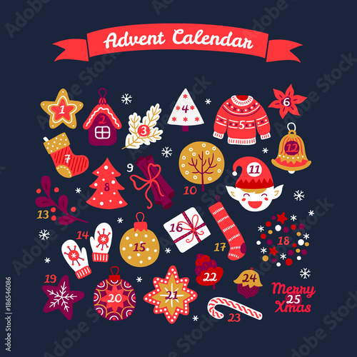 Christmas advent calendar with bell, house, tree, sweater, flower, mittens