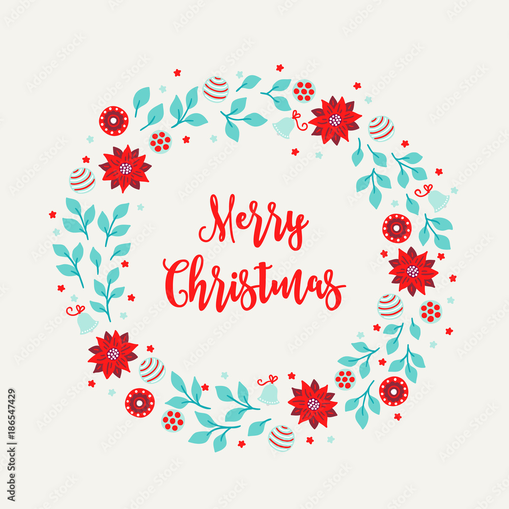 Christmas wreath with flower, balls, branches and stars Christmas wreath with flower, balls, branches and stars