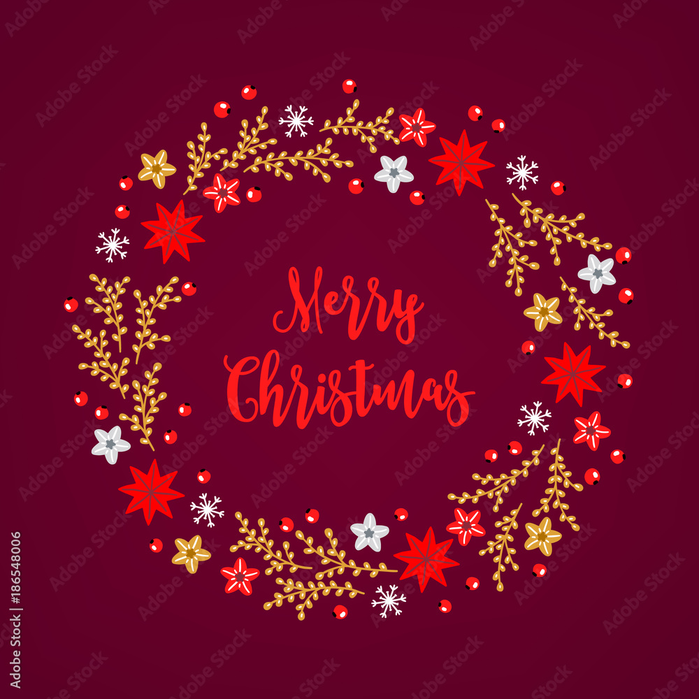 Christmas wreath with stars, berries, snowflakes and golden branches Christmas wreath with stars, berries, snowflakes and golden branches