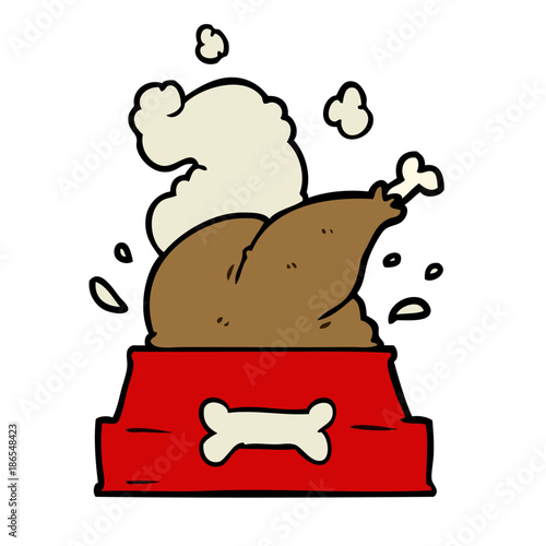 cartoon whole cooked turkey crammed into a dog bowl for a happy christmas pup