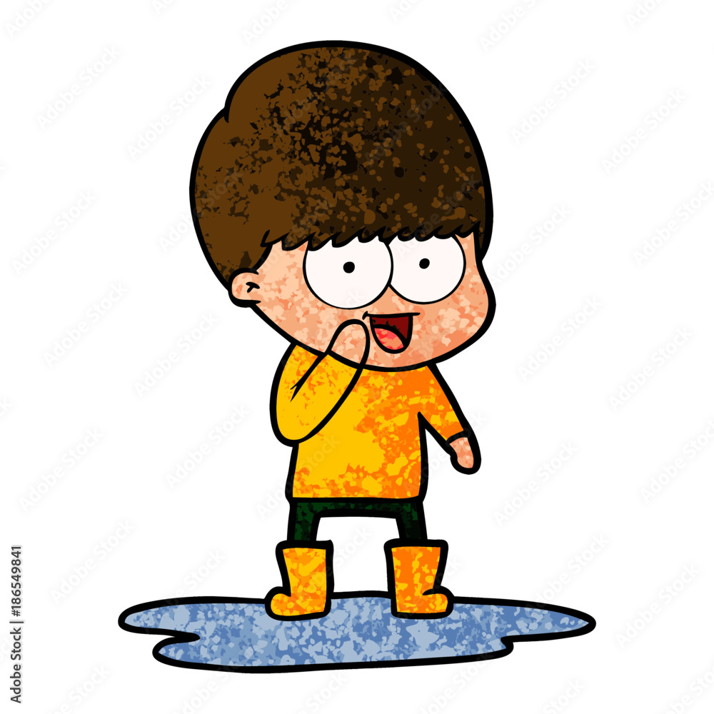 Obraz premium happy cartoon boy splashing in puddle
