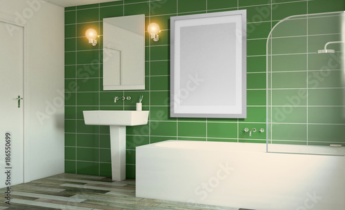 Spacious bathroom, clean, beautiful, luxurious, bright room. 3D rendering. Empty paintings.