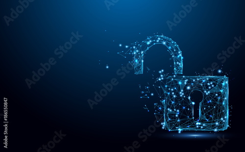 Cyber Unlock security concept. Lock symbol form lines and triangles, point connecting network on blue background. Illustration vector