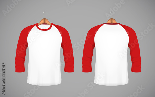 Men's slim-fitting long sleeve baseball shirt with wood hanger. Red Mock-up design template for branding.