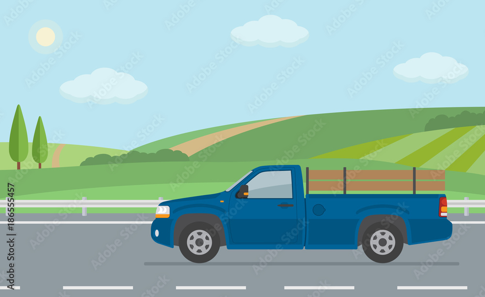 Rural landscape with road and moving pickup truck. Flat style vector illustration.