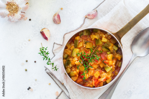 Stew organic vegetables ragout french ratatouille in stewpan photo