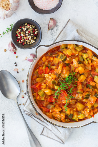 Photography Stew organic vegetables ragout french ratatouille in frying pan