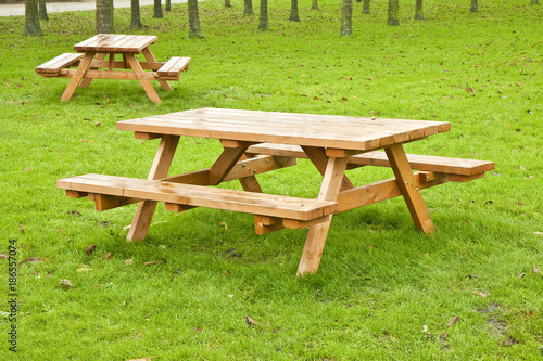 Two wooden picnic table on a green meadow with trees on background