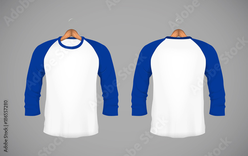 Men's slim-fitting long sleeve baseball shirt with wood hanger. Blue Mock-up design template for branding.