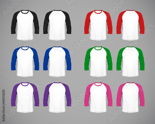 Men's slim-fitting long sleeve baseball shirt set. Multicolor Mock-up design template for branding.