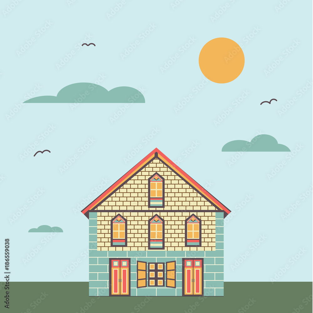 House with cloud sky and sun on background