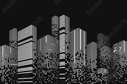 Building and city illustration. Black cities silhouette with windows. Graphic concept for your design.