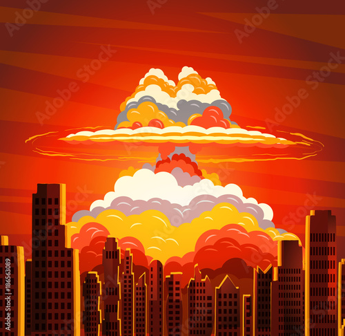 Nuclear explosion, radioactive cloud on city