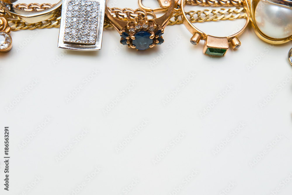 Fashion jewelry border on white background Stock Photo | Adobe Stock