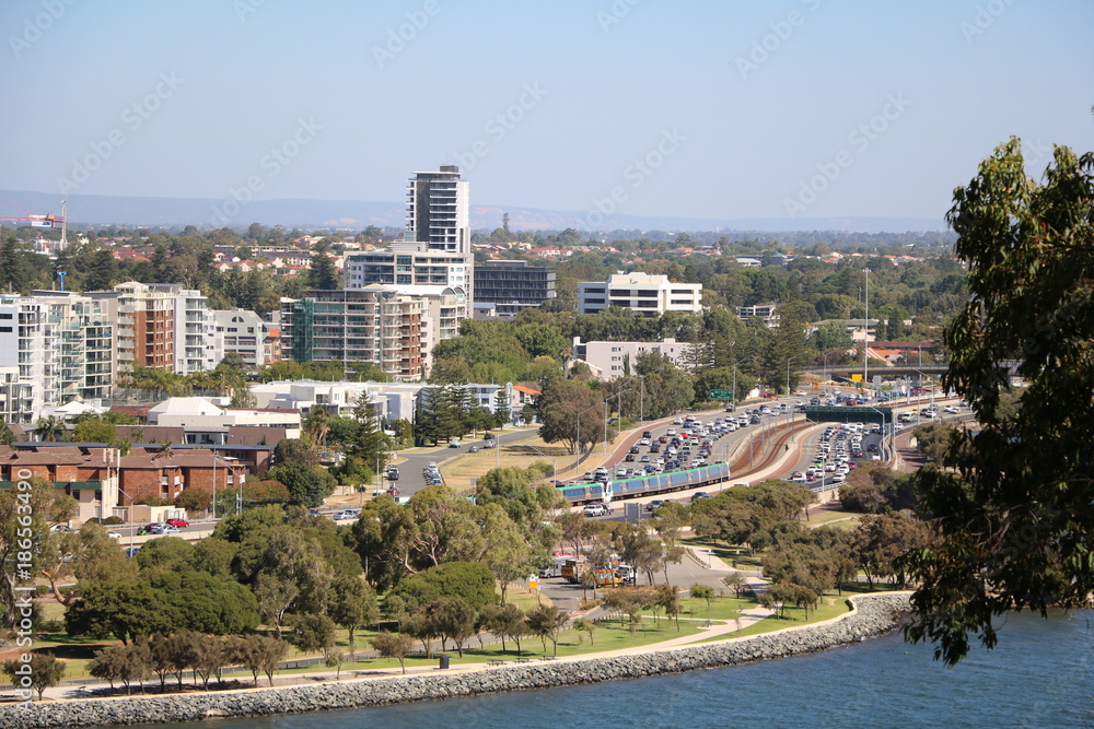 Freeway around Perth City at Swan River, Western Australia 