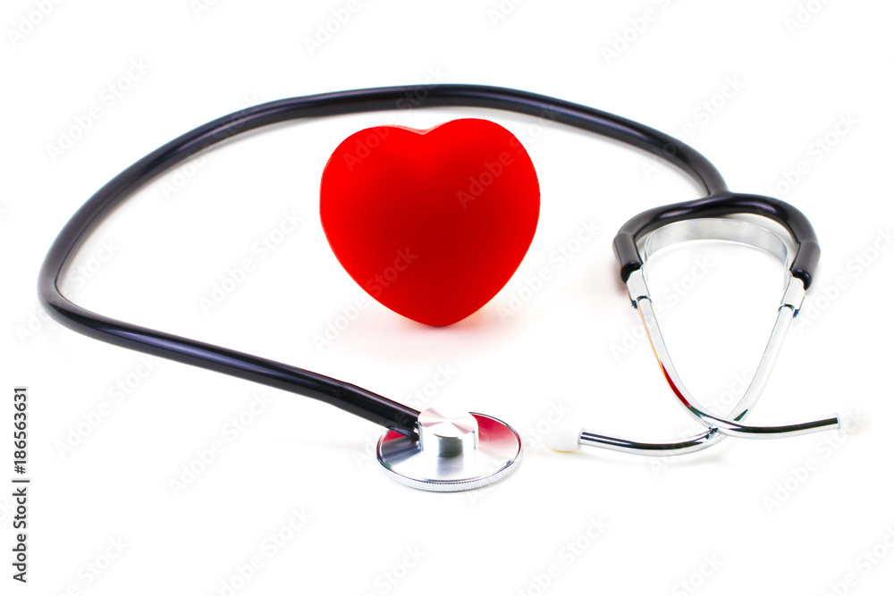 Stethoscope around a red rubber heart on a white background; concept of health, healthy heart, or cardio examination Stethoscope around a red rubber heart on a white background; concept of health, healthy heart, or cardio examination