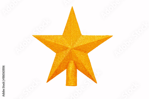 Gold Star on white background isolated. Decoration Christmas tree top gold star.