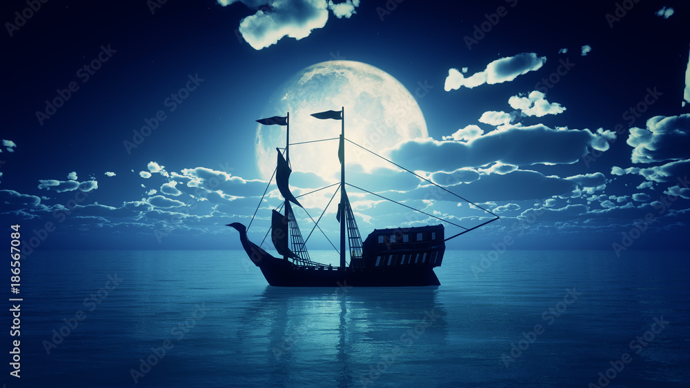 Naklejka premium stary statek w pełni księżyca na morzu