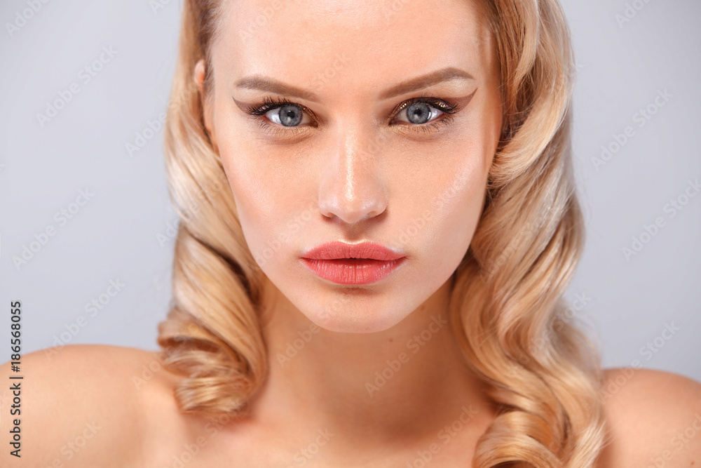 Beauty portrait of female face with natural skin and nude makeup Beauty portrait of female face with natural skin and nude makeup