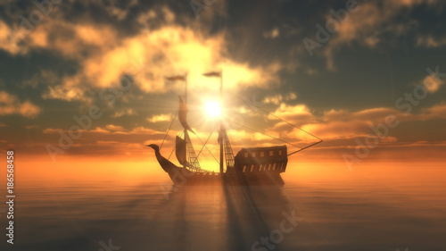 old ship in sea sunset