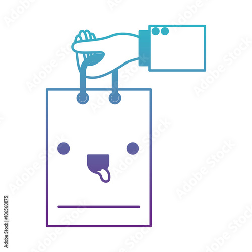 hand holding a kawaii shopping bag in degraded blue to purple color contour