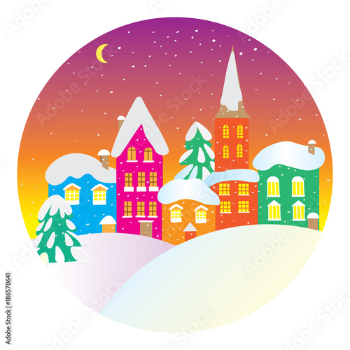 Winter landscape with small houses in a circle. A flat vector icon for the designer's work. Icon with winter contour houses.