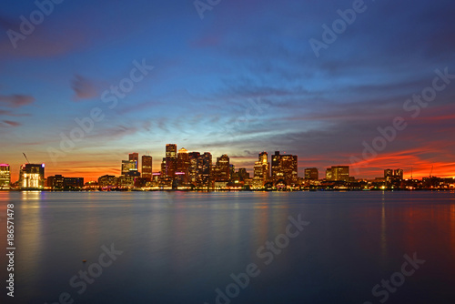 Boston City Skyscrapers  Custom House and Boston Waterfront at night from East Boston  Boston  Massachusetts  USA.