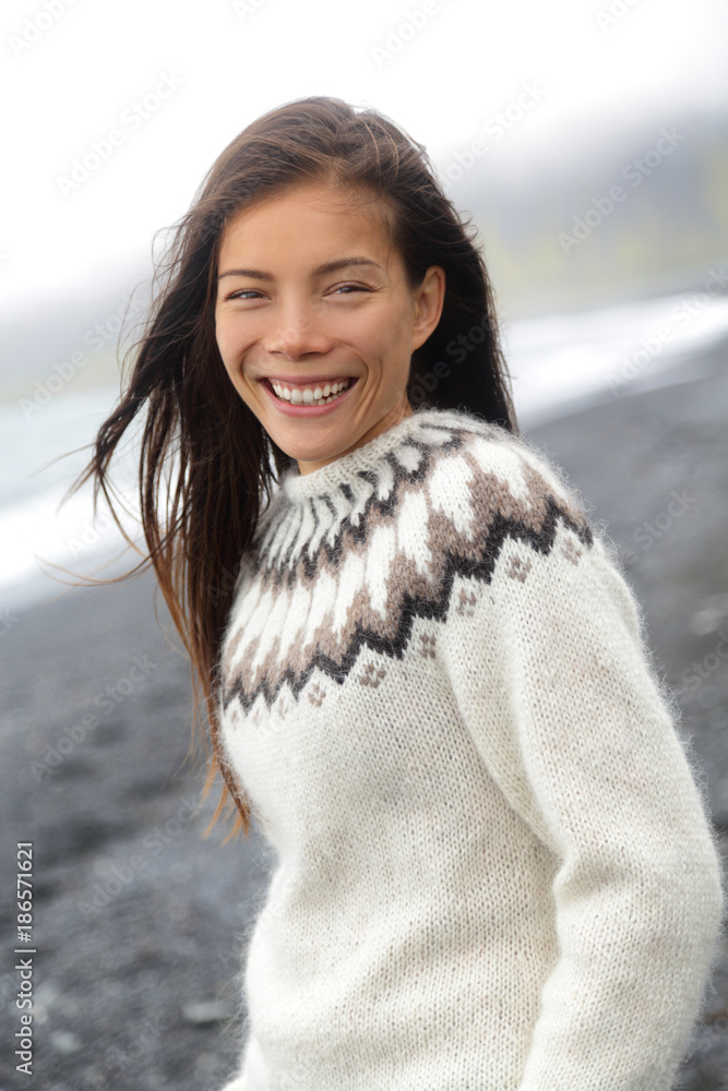 Winter sweater Asian woman wearing icelandic pattern wool knitted ...