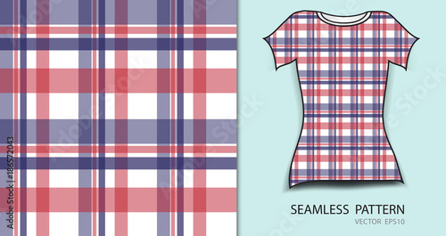 T-shirt design, Red and blue plaid tartan seamless pattern vector illustration, fabric texture, patterned clothing, abstract background