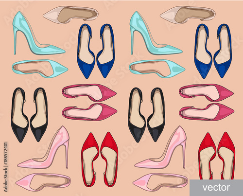 Lady fashion set of shoes outfit. Illustration stylish and trendy clothing.
