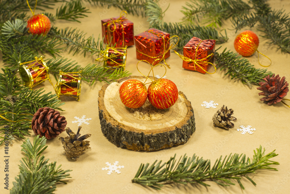 Christmas gifts, sprigs of Christmas trees, boxes in red packing. Christmas gifts, sprigs of Christmas trees, boxes in red packing.